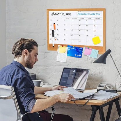 Dry Erase Monthly Calendar Board for Wall, 17"x13" Hanging Board, Magnetic White Boards, Rustic Brown Wood Frame White Board Cork Board Combo, Calendar Bulletin Board for Kitchen Planner Memo Office