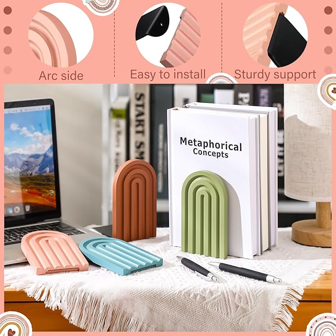 Harloon 4 Pieces Boho Arch Wood Bookends Rainbow Arch Back to School Gift Ideas Non Skid Bookend Decorative Wooden Book Stand Book Stoppers for Books Movies CDs(Bright Color)