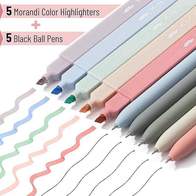 Mr. Pen Aesthetic Gel Pens & Highlighters No Bleed, 10 Pack - Morandi Color Bible Pens, Black Ink