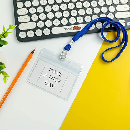 100Pcs Clear Plastic Horizontal Name Tags Badge ID Card Holders and 100Pcs Lanyards with Clip (Blue)