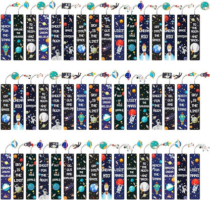 Christmas Space Theme Bookmarks with Metal Charms Planet Rocket Space Ship Theme Bookmarks Inspirational Quotes Bookmarks for Space Christmas Party Favors Gifts Kids Boys Girls Encourage(48 Pieces)