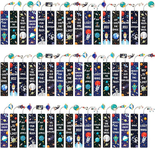 Christmas Space Theme Bookmarks with Metal Charms Planet Rocket Space Ship Theme Bookmarks Inspirational Quotes Bookmarks for Space Christmas Party Favors Gifts Kids Boys Girls Encourage(48 Pieces)