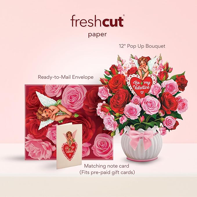 Freshcut Paper Pop Up Cards, Cupid's Valentine, 12 Inch Life Sized Forever Flower Bouquet 3D Popup Greeting Cards, Valentine's Day, Anniversary Card, Note Card & Envelope