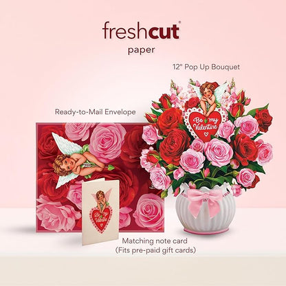 Freshcut Paper Pop Up Cards, Cupid's Valentine, 12 Inch Life Sized Forever Flower Bouquet 3D Popup Greeting Cards, Valentine's Day, Anniversary Card, Note Card & Envelope