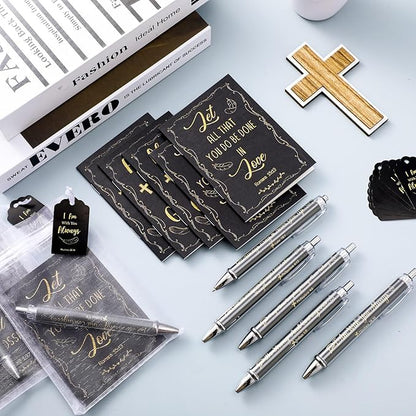 200 Pcs Bible Verse Sets Church Christian Gift Include 50 Scripture Notebooks 50 Bible Bamboo Pens 50 Thanks Tags 50 Organza Bags for Women Man Christian Party Gifts(Black,Fresh)