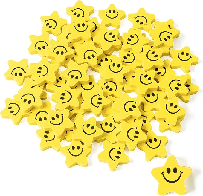 120pcs Star with Smile Face Mini Erasers Fun Smiley Face Yellow Cartoon Eraser Assortment Cute Smiling Desk Puzzle Erasers for Kids School Carnival Reward Student Prizes Birthday Gifr Filler