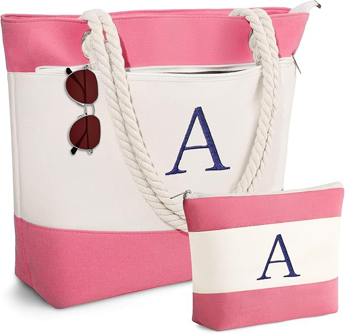 YOOLIFE Christmas Gifts for Women - Initial Canvas Tote Bag & Makeup Bag, Birthday Gifts for Women Mom Teacher Friend Sister