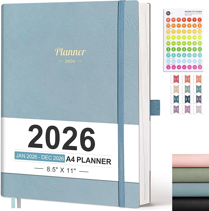 AHGXG 2026 Planner, Weekly and Monthly, Large A4 8.5"x11", Planner 2026-2027, Calendar 15-Months Jan 2026 - Mar 2027, Vegan Leather Softcover, Inner Pocket, Gray Blue