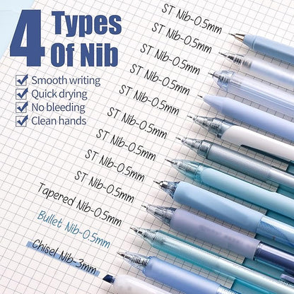 Four Candies 12Pack Pastel Gel Ink Pen Set, 11 Pack Black Ink Pens with 1Pack Highlighter for Writing, Retractable 0.5mm Fine Point Cute Note Taking Pens for School Office (Blue)