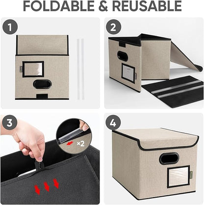 BALEINE File Organizer Box with Lid, Collapsible File Folder Organizer with Plastic Slide, Hanging File Folder Box for Office Document Storage (1 Pack, Beige)