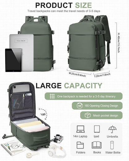 SEAFEW Carry on Travel Backpack for Men Women, Water Resistant Laptop Backpack Personal Item Luggage Daypack for Airplanes, Weekender Overnight Backpack with Shoe Compartment, Mochila de Viaje, Green