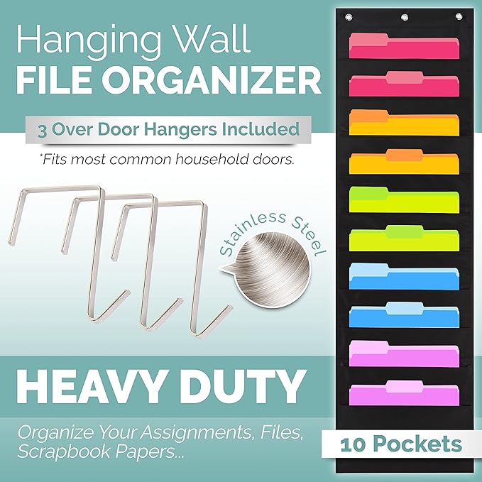 Hippo Creation Heavy Duty Storage Pocket Chart for Classroom, 10 Pocket Storage Organizer with 2 Over-Door Hangers, Hanging Wall Organizer for File Folders, School Mailbox, Home Office Papers - Black