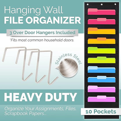 Hippo Creation Heavy Duty Storage Pocket Chart for Classroom, 10 Pocket Storage Organizer with 2 Over-Door Hangers, Hanging Wall Organizer for File Folders, School Mailbox, Home Office Papers - Black
