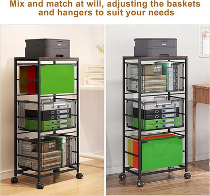 EasyPAG Mobile Rolling File Cart with Wheels Letter & Legal Size Hanging File Folder Rack 3 Tier File Folder Rack with Pull-Out Drawer for Home Office, Black
