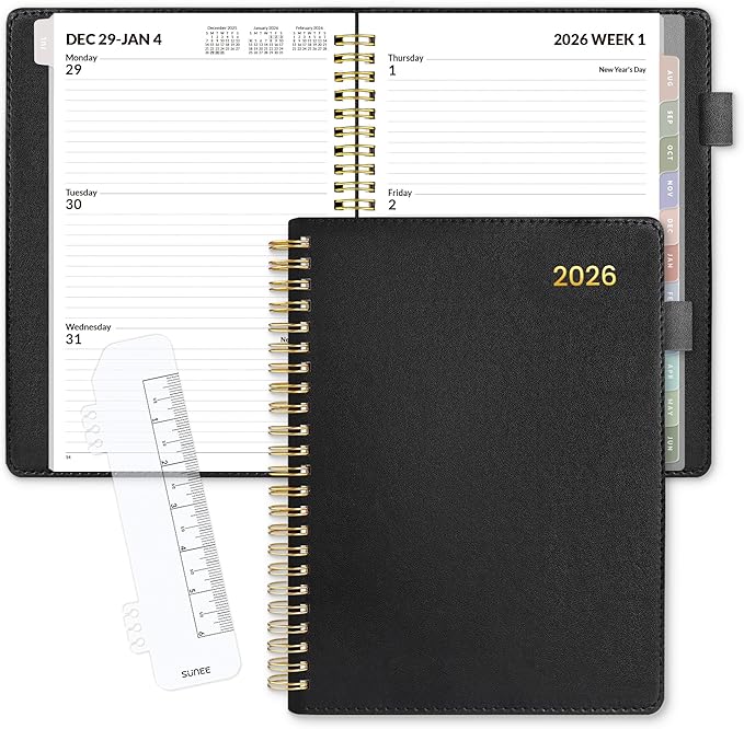 SUNEE 2026 Weekly & Monthly Planner 6.4"x8.5"- 12 Month (January 2026 - December 2026), Vegan Leather Cover, Pocket, Bookmark, Notes, Monthly Tab, Black