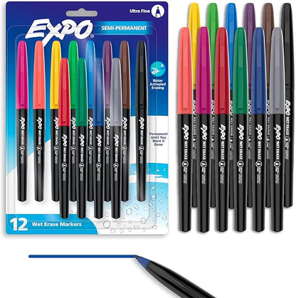 EXPO Wet Erase Markers, Semi-Permanent Markers, Assorted, Ultra Fine Tip, 12 Count