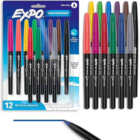 EXPO Wet Erase Markers, Semi-Permanent Markers, Assorted, Ultra Fine Tip, 12 Count