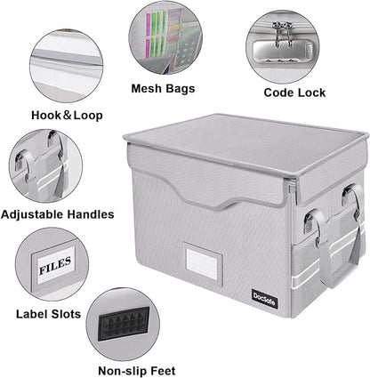 DocSafe File Box Fireproof Document Box with Lock, File Storage Organizer Box with Pockets,Collapsible Portable File Box Home Office File Cabinet with Handle for Hanging Letter/Legal Folder,Silver