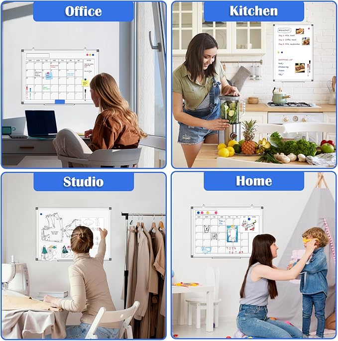 Monthly Calendar Dry Erase Whiteboard for Wall, 24" x 18" Magnetic Calendar White Board, Double-Sided Portable Board for Office, Kitchen, School, Home