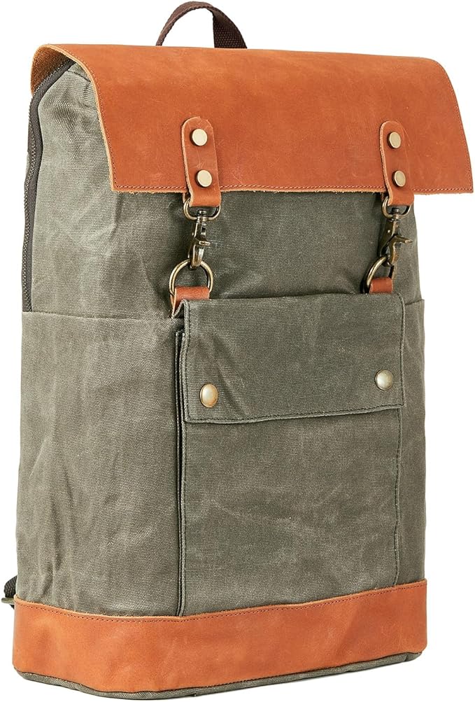 Vintage Waterproof Waxed Canvas Leather Backpack for Men Women 15.6" laptop Travel Rucksack