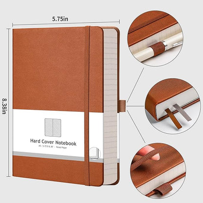 AHGXG Lined Journal Notebook - 320 Numbered Pages A5 College Ruled Notebook Thick Journal for Writing, 100gsm Lined Paper, Leather Hardcover, for Women Men Work Office School, 5.75'' X 8.38''-Brown