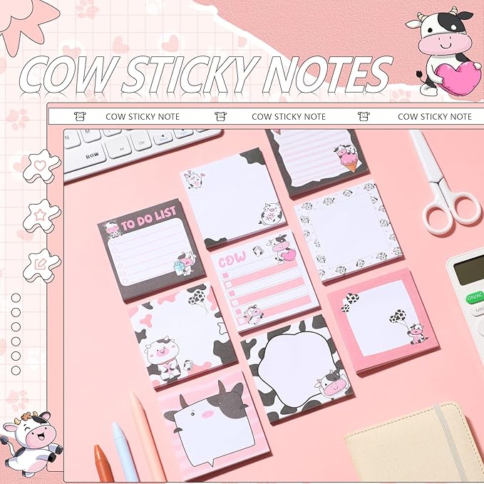 9 Pads Cute Sticky Notes Cartoon Animal Self Stick Notepads 3x3 Inches Notes Adhesive Memo Pad Office Decor Gifts for Students School Office Meeting(Cow)