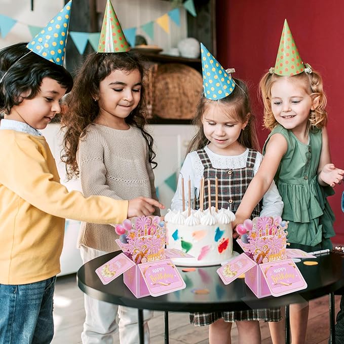 Surprise Pop Up Happy Birthday Cards, Lovely 3D Birthday Card for Adults and Kids with Envelopes, Unique Design Handmade Foldable Greeting Cards for Daughter, Son, Mom, Dad, Friend（Pink）