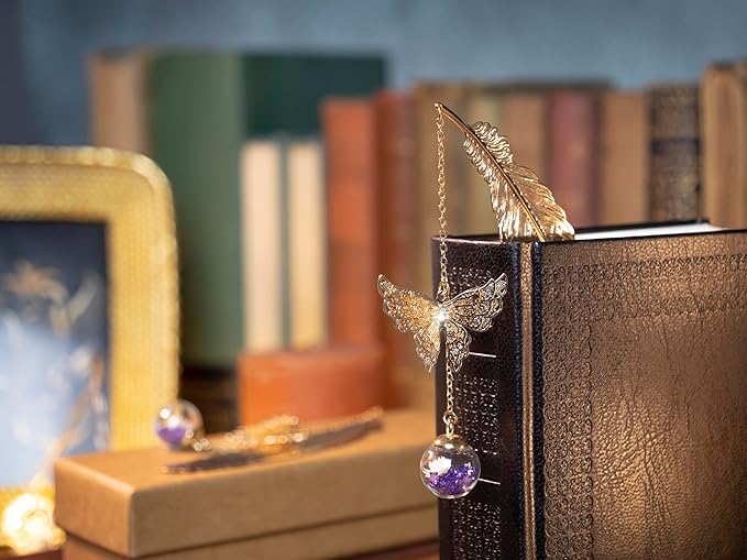 Toirxarn Gold Feather Bookmark with Butterfly Charm - Elegant Bookmarks for Women, Book Lovers Gifts, Book Marker for Reading, Teacher Appreciation Gifts, Stocking Stuffers, Unique Birthday Gifts