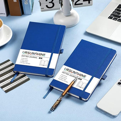 Dotted Journal/Notebook - Dot Grid Hard Cover Notebook, Premium Thick Paper with Fine Inner Pocket, Black Smooth Faux Leather, Pen Loop, 5.3'' x 8.26'' - Deep Blue