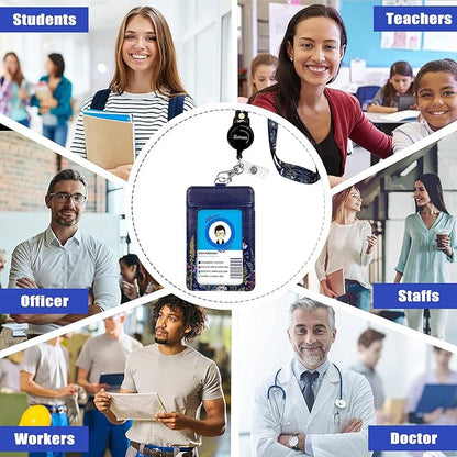 Floral Badge Holders, Vertical PU Leather ID Card Name Bdge Holder with Detachable Neck Lanyard Strap and Retractable Badge Reel Metal Clip Sturdy Buckle for Key Wallet (Wildflower)