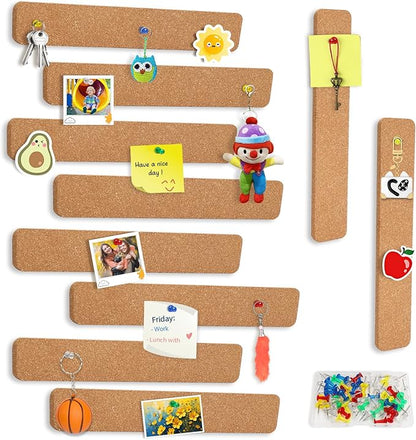 FEBSNOW Cork Board Strips, 10 Pack Cork Strips for Walls 15x2 Inch Small Cork Boards for Walls Self Adhesive with 50 Push Pins