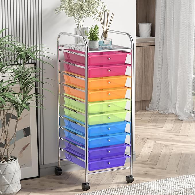 Storage Cart, Rolling Utility Cart with 10 Drawers, Portable Handles & Lockable Wheels, Mobile Paper Toys Storage Organizer Large Capacity for Home Office School Teacher (Rainbow)
