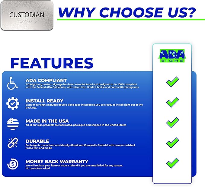 ADA Custodian Closet Sign for Business - Office Signs, Aluminum Brushed Silver, Tamper-Proof, Heavy Duty Mounting Tape, Easy Install, Office Décor, ADA Compliant, Grade 2 Braille (7”W x 4”H) ADASigns.org