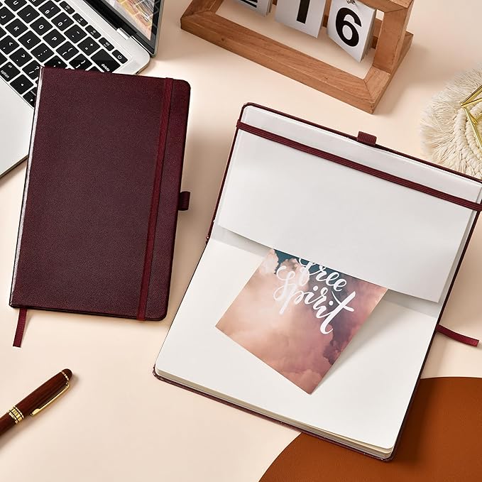 Dotted Journal/Notebook - Dot Grid Hard Cover Notebook, Premium Thick Paper with Fine Inner Pocket, Black Smooth Faux Leather, Pen Loop, 5.3'' x 8.26'' - Brown