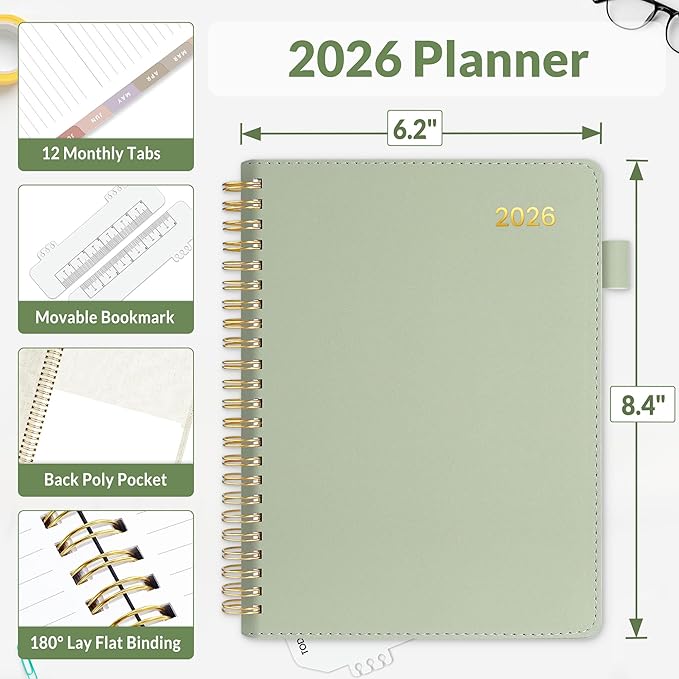 SUNEE 2026 Weekly & Monthly Planner 6.4"x8.5"- 12 Month (January 2026 - December 2026), Vegan Leather Cover, Pocket, Bookmark, Notes, Monthly Tab, Sage Green