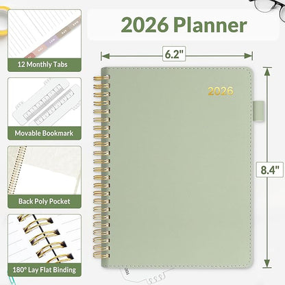 SUNEE 2026 Weekly & Monthly Planner 6.4"x8.5"- 12 Month (January 2026 - December 2026), Vegan Leather Cover, Pocket, Bookmark, Notes, Monthly Tab, Sage Green