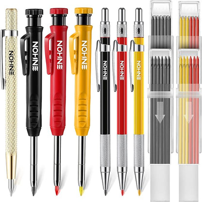 Enhon 6PCS Carpenters Pencils Mechanical Pencil Set with 24 Refills and Carbide Scriber Tool, Deep Hole Woodworking Pencils Joiners Pencil Carpenter Tools with Sharpener for Architect Construction