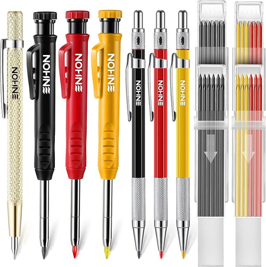 Enhon 6PCS Carpenters Pencils Mechanical Pencil Set with 24 Refills and Carbide Scriber Tool, Deep Hole Woodworking Pencils Joiners Pencil Carpenter Tools with Sharpener for Architect Construction