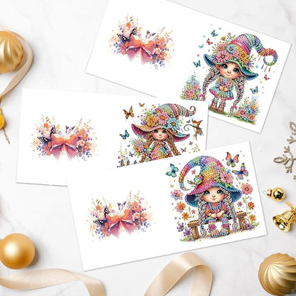 Tontut 6pcs Diamond Art Painting Kit Greeting Card, Butterfly Flower 5D DIY Diamond Handmade Holiday Greeting Card with Envelope, Holiday Gift Congratulation