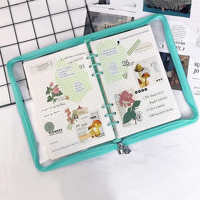 Multibey A5 Binder Cover Clear Soft PVC 6-Ring Binder Budget Evelopes System with Zipper Planner Organizer Refillable Notebook Journal Binder (Cyan, A5)