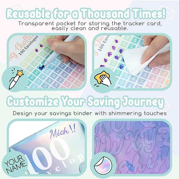 Axolotl 100 Envelopes Money Saving Challenge Binder, A5 Savings Budget Challenges Binders with Cash Envelopes, 100 Days Envelope Saving Binder Book, Budget Planner (Laser Blue)