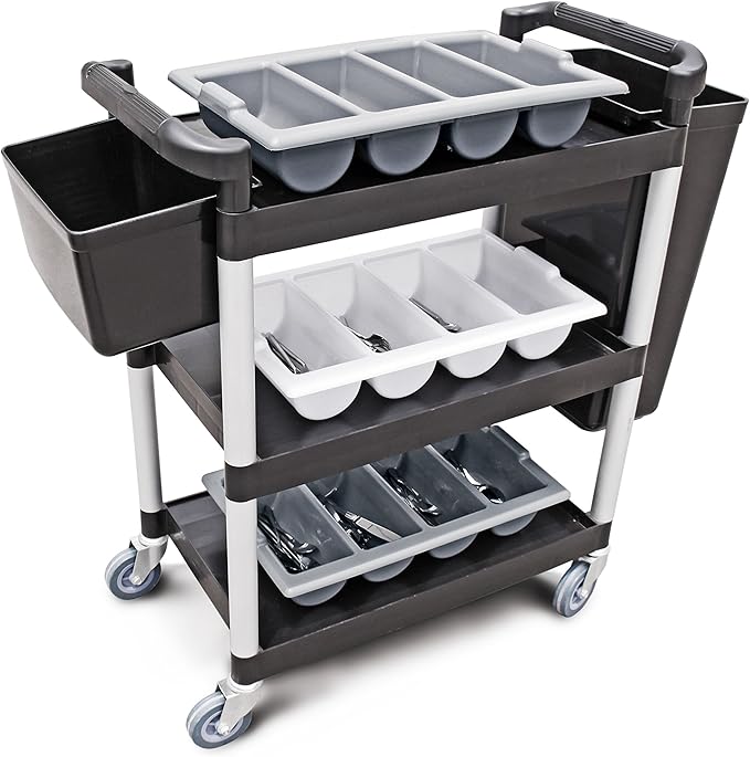 New Star Foodservice 54538 250-Pound Plastic 3-Tier Utility Bus Cart with Locking Casters, 32" x 16" x 38", Black