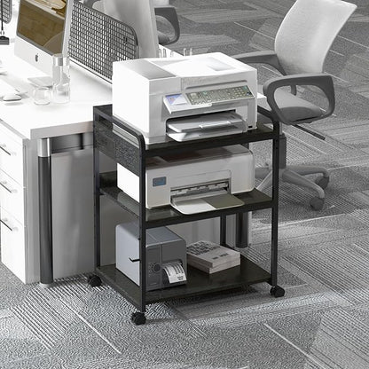 Printer Stands with Charging Station, 25.2 x 18.9 Inch Large Printer Stand with Wheels for Home Office, 3 Tier Printer Table with Power Outlet USB Port, Printer Shredder Stand, Black