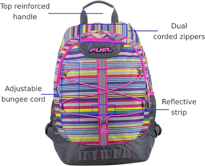 FUEL Hiking Backpack for Women Men Terra Sport, Travel, College, Gym, Work with Laptop Sleeve, Bungee, 18 Inches, Pink Rainbow Stripes