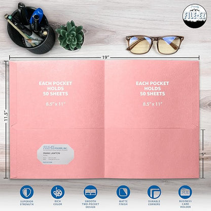 FILE-EZ Two-Pocket Folders, Pink Color, 125-Pack, Durable Textured Paper with Matte Finish, Letter Sheet Size (EZ-32490)