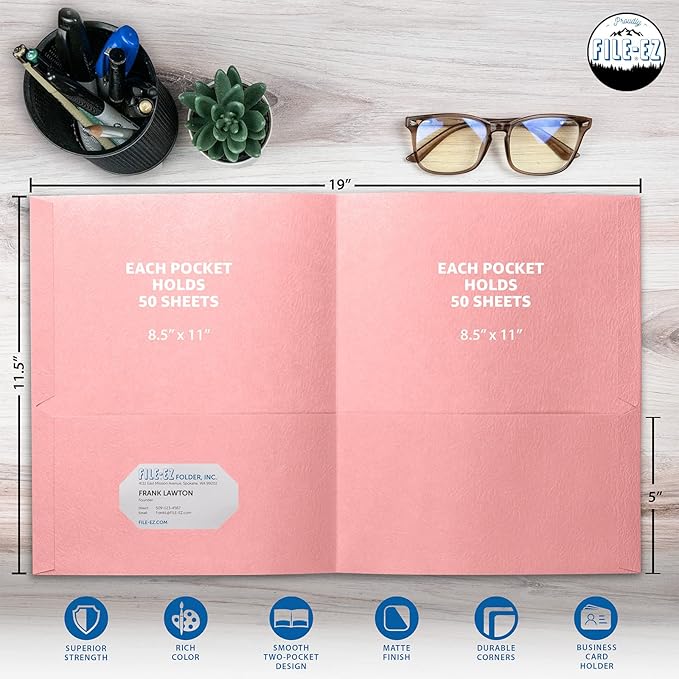 FILE-EZ Two-Pocket Folders, Pink Color, 25-Pack, Durable Textured Paper with Matte Finish, Letter Sheet Size (EZ-32590)