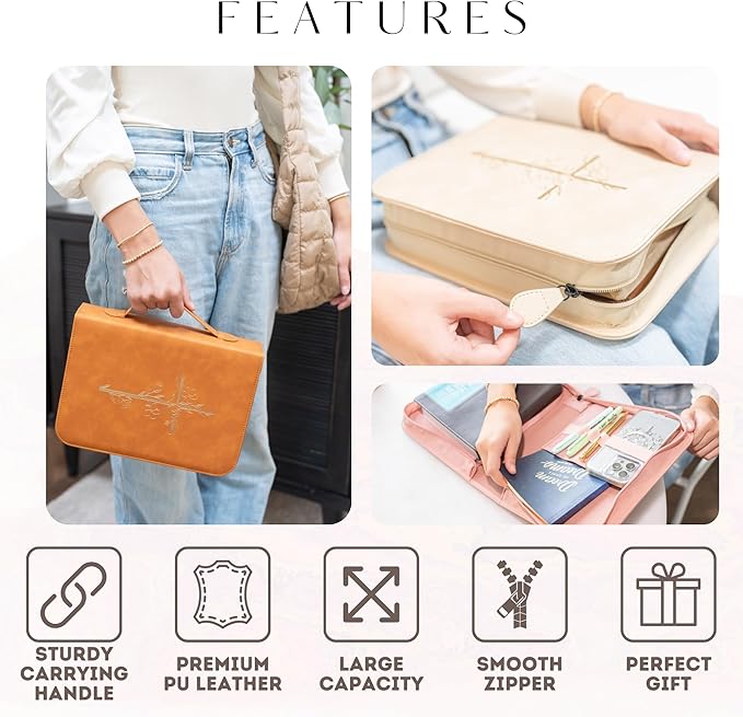 Bible Cover Case for Women - PU Leather Bible Covers for Women –Bible Case for Girls - Minimalist Design Debossed Bible Case, Large Bible Covers for Women – Bible Accessories (Brown)