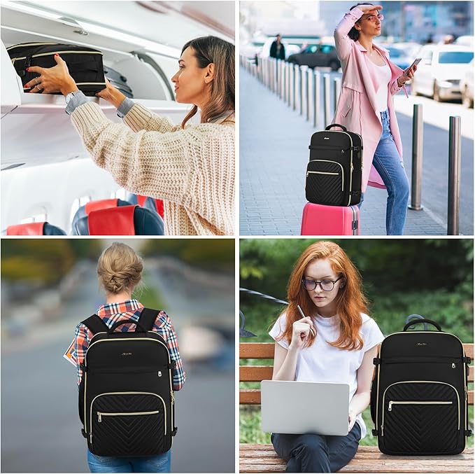 Travel Backpack for Women, Carry On Backpack for Airplanes Flight Approved, Waterproof Large Weekender Overnight Bag Fit 15.6 Inch Laptop with USB Charging Port, Black