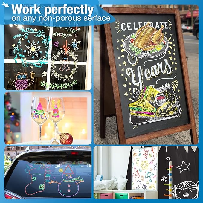 Metallic Liquid Chalk Markers for Chalkboard -10 Colors Wet Erase Window Marker Pens with 6mm Reversible Bullet & Chisel Tip for Glass, Calendar Boards, Car Decorations, Auto, Bistro, Mirror, Business