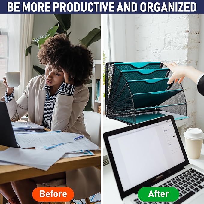 Dasher Products Fan Shaped Office Desk Organizers, 6 Compartments for Storage and Filing of Paper, Bills, Letters, Folders, Binders, Office Supplies. Multi-Functional Desk Organizers and Accessories